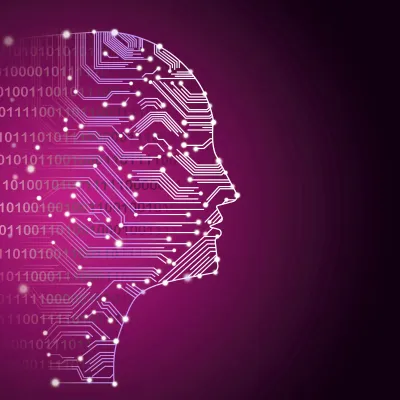 Abstract head made of digital circuits on a purple background