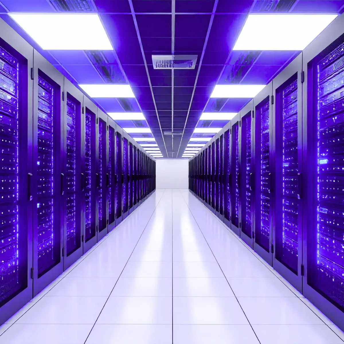 Long illuminated server room with rows of server racks