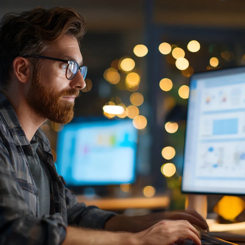 Mann arbeitet am Computer in einem ERP-System