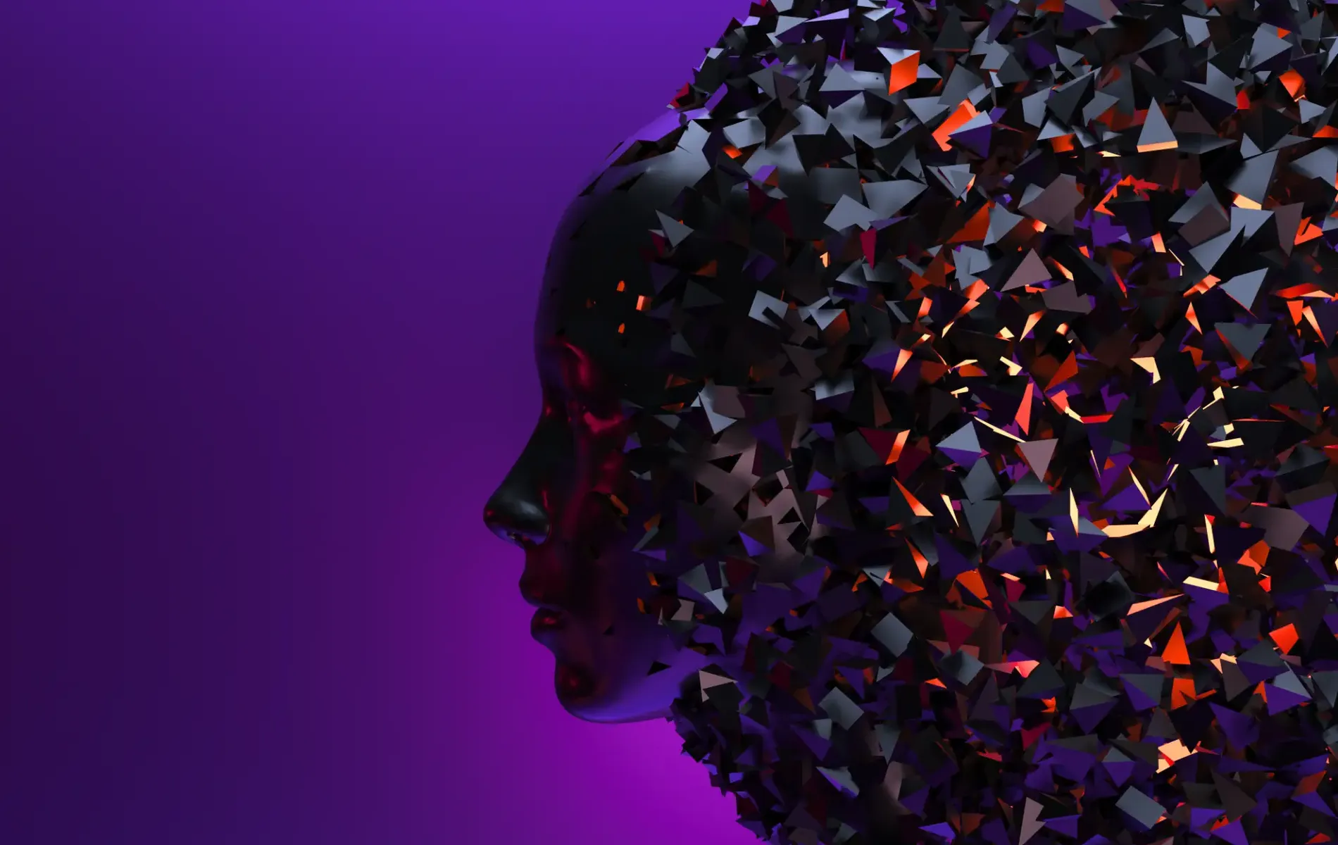 Abstrakter KKopf aus dunklen polygonalen Fragmenten vor violettem Hintergrund