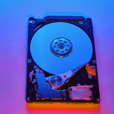 Hard drive illuminated in blue and red neon light