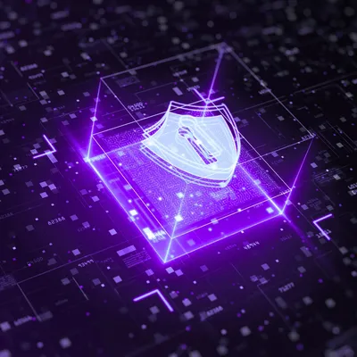 Violettes KI-Datenschutzsymbol für Privatsphäre und Sicherheit in der künstlichen Intelligenz