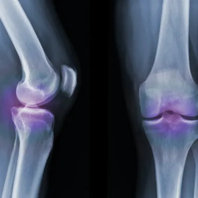 Two X-ray images of a human knee with color markings