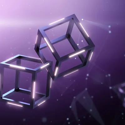 Futuristische 3D-Würfel,  mit leuchtenden, kubischen Rändern die innen hol sind und vor violettem Hintergrund schweben.