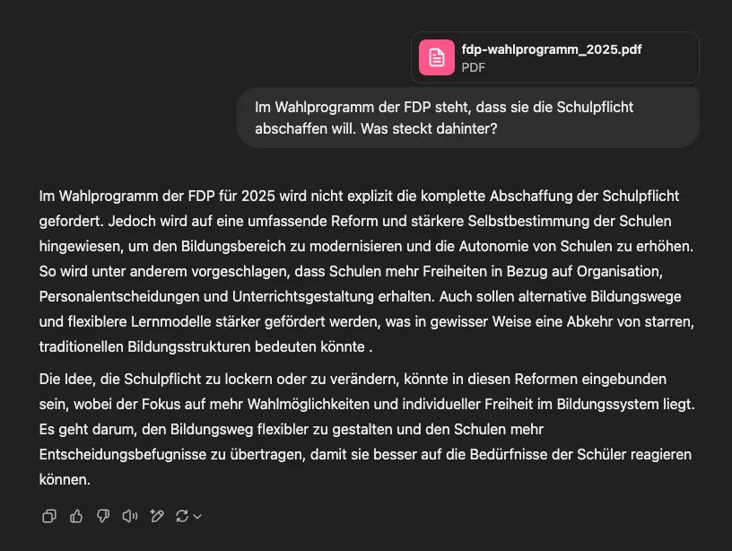 Antwort auf die Frage zur Abschaffung der Schulpflicht durch die FDP mit Quelle