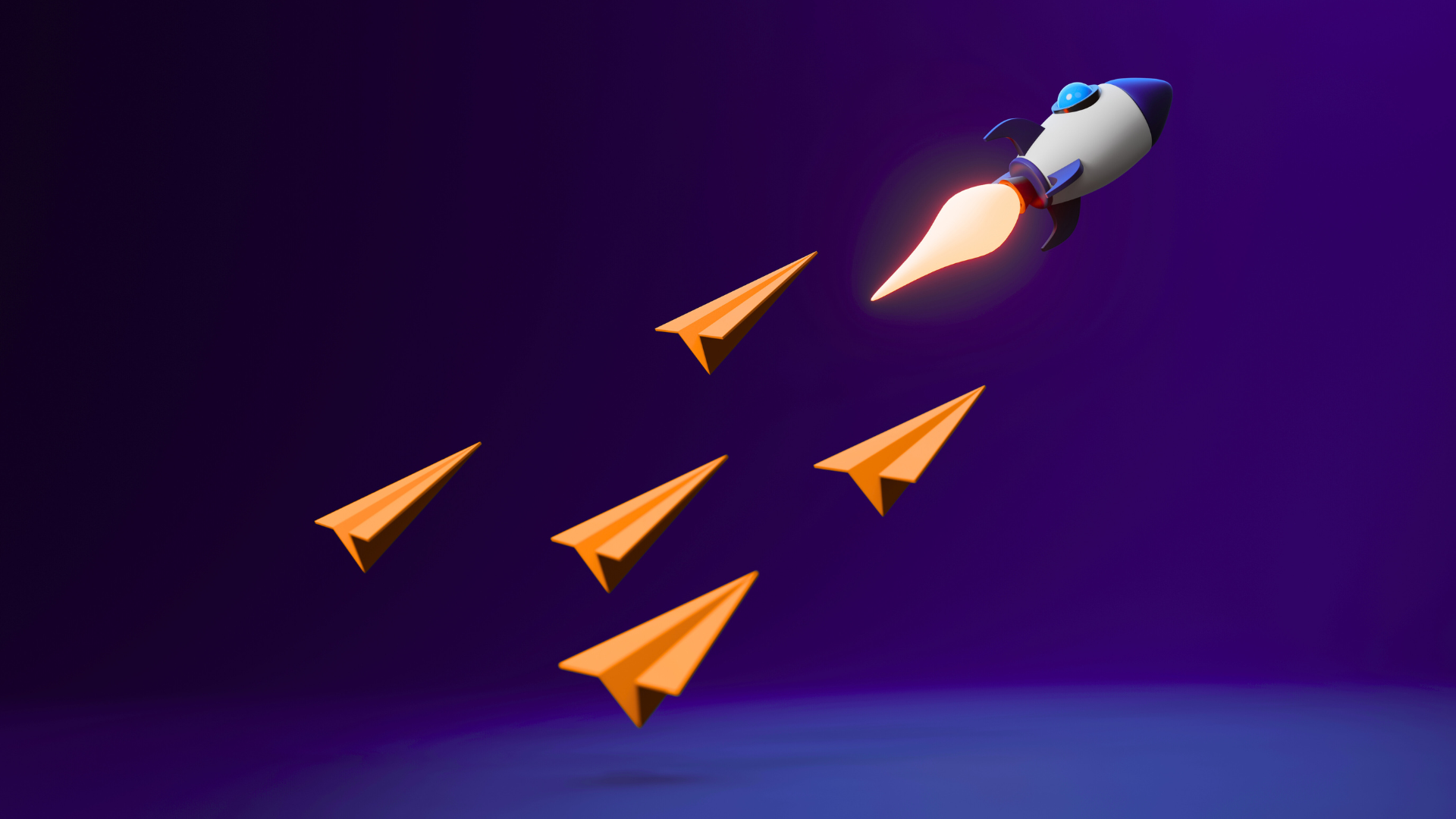  Leuchtende Rakete überholt Papierflieger und steht symbolisch für den Weg zum digitalen Vorsprung.