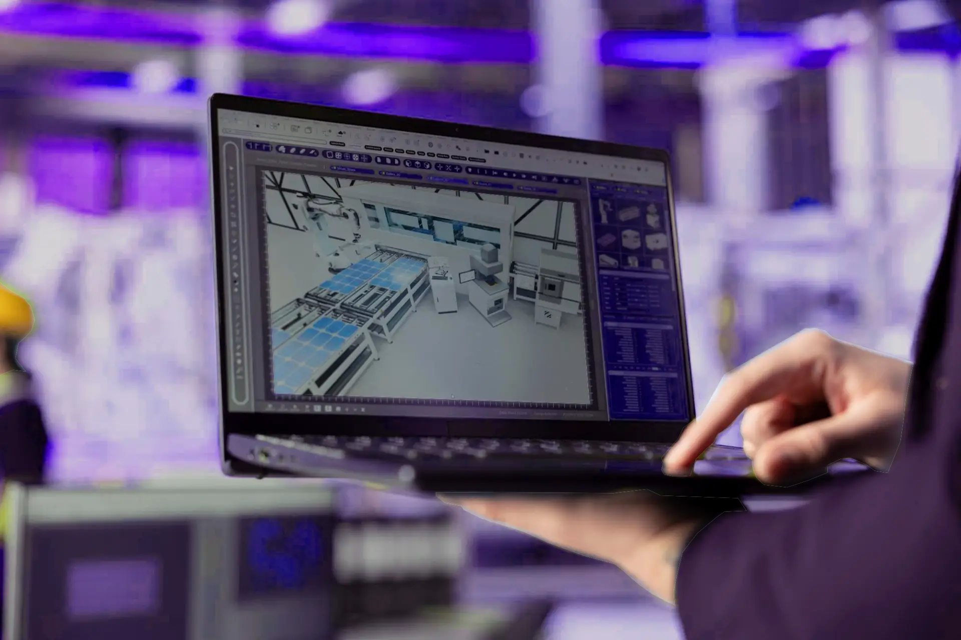 CAD Modell einer Solarpanel Fabrik, die digitale Zwillinge zur optimierung nutzt.