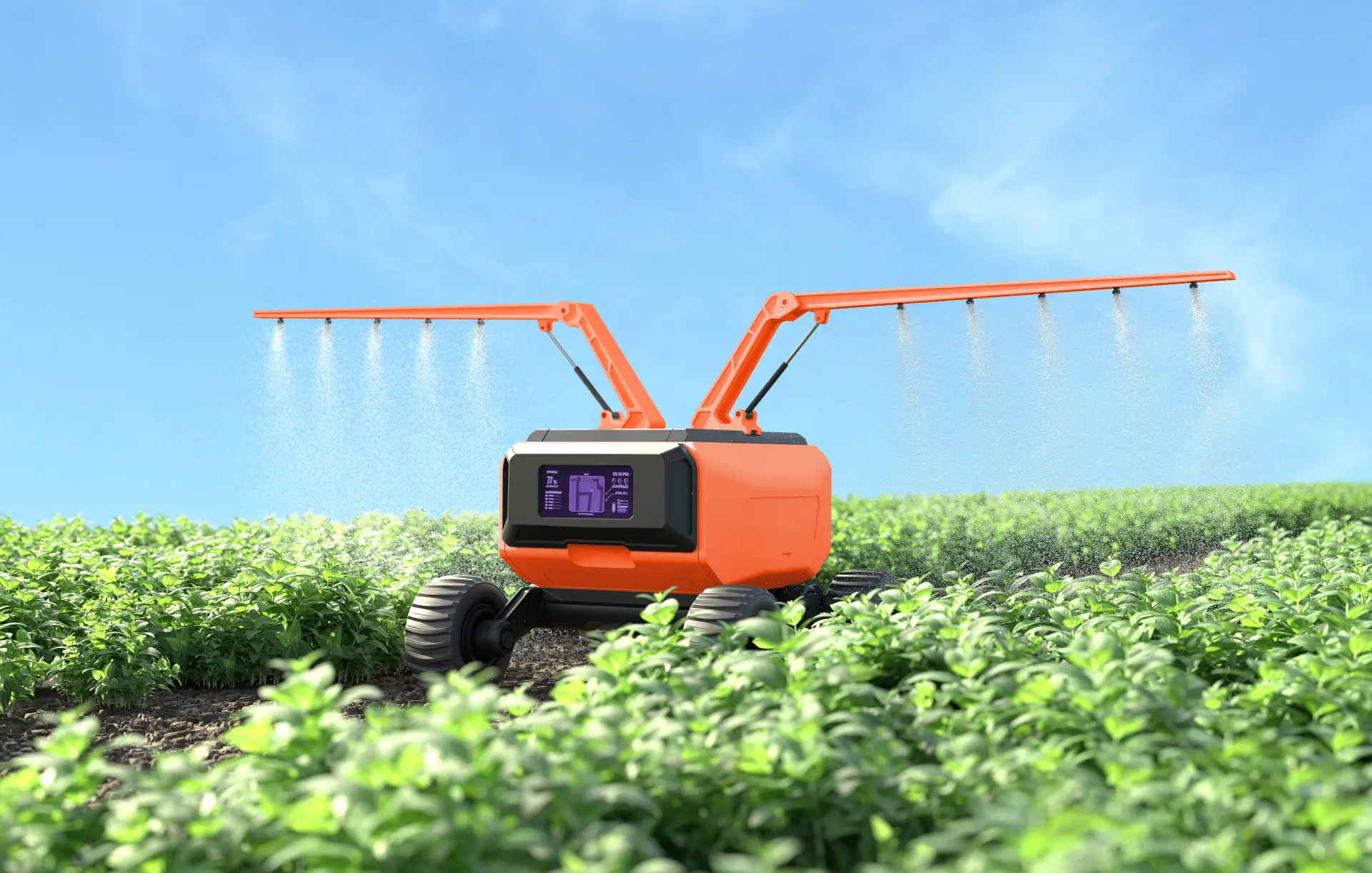 Landwirtschaftsroboter fährt über einen Acker und sprüht Dünger.