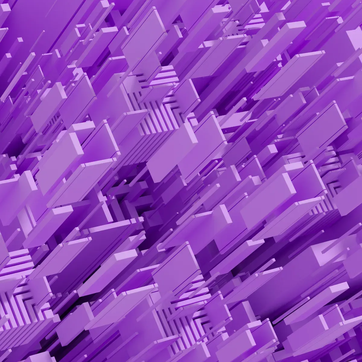 Abstract 3D geometry of purple blocks forming a dynamic digital structure