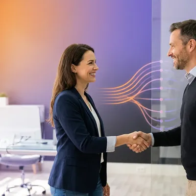 Smiling business professionals shaking hands in an office with digital network graphics overlay.