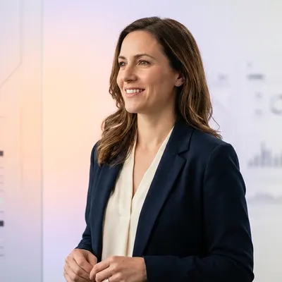 Smiling businesswoman in a navy blazer standing before a modern digital background with charts.
