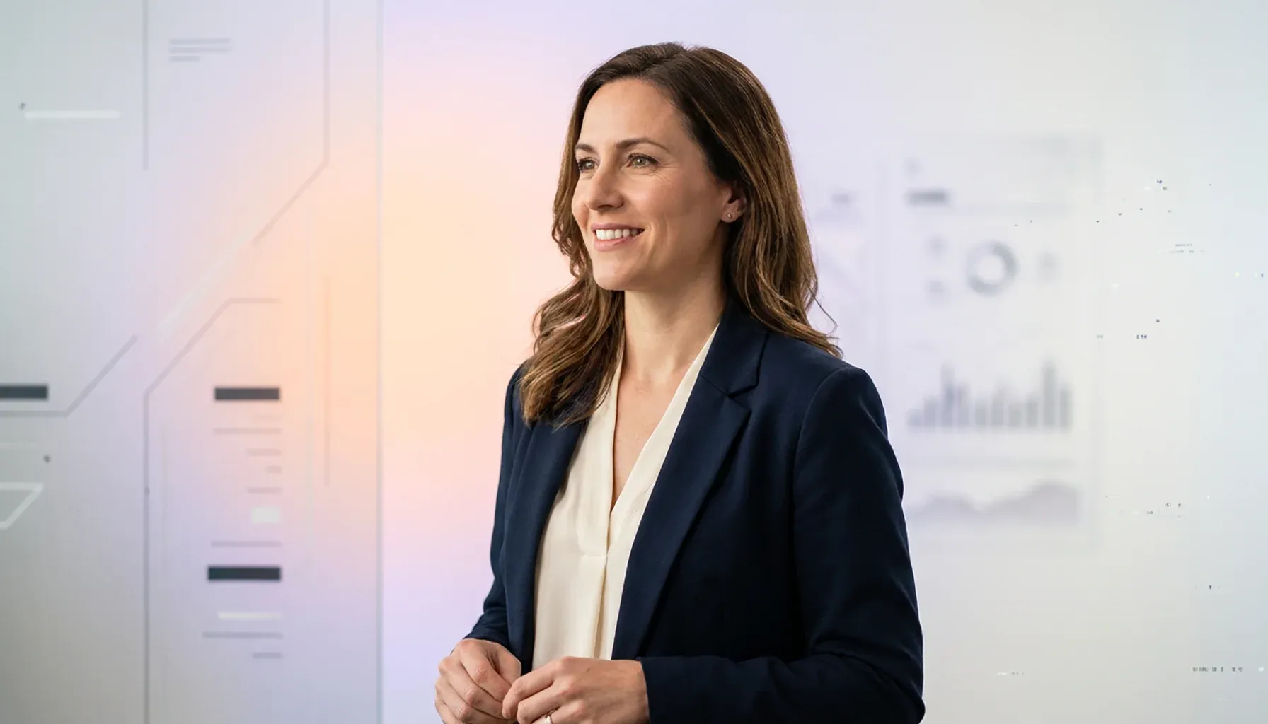 Smiling businesswoman in a navy blazer standing before a modern digital background with charts.