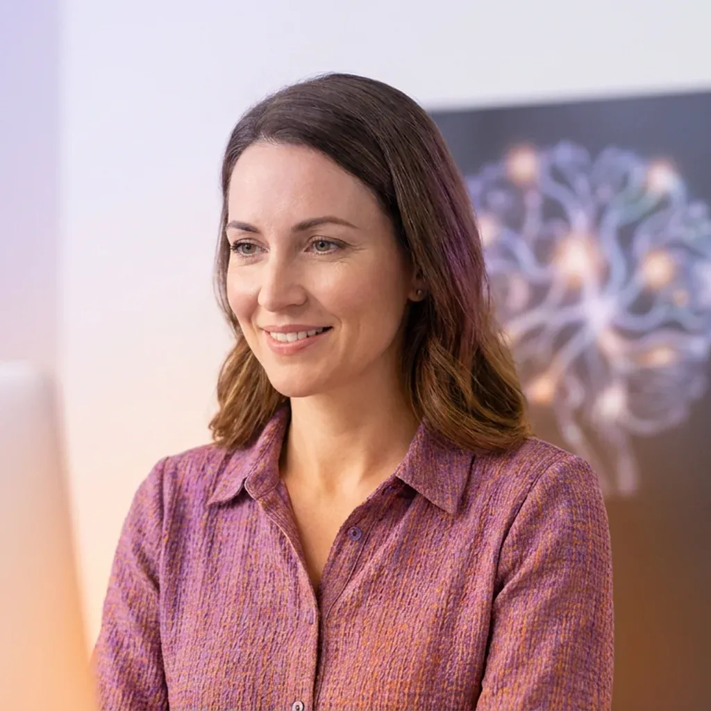 Smiling woman working at a computer with a neural network diagram in the background.