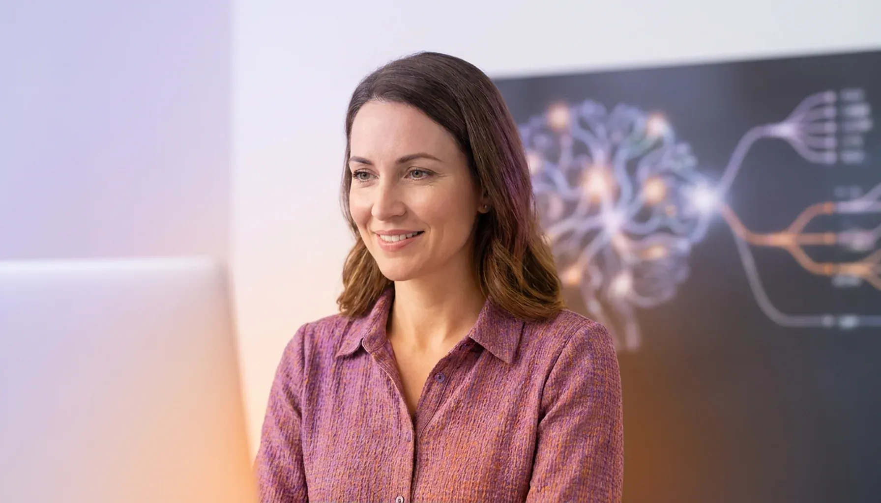 Smiling woman working at a computer with a neural network diagram in the background.
