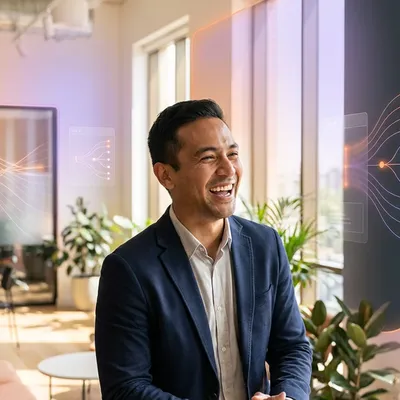 Smiling businessman talking to a colleague in an office with floating digital data graphics.