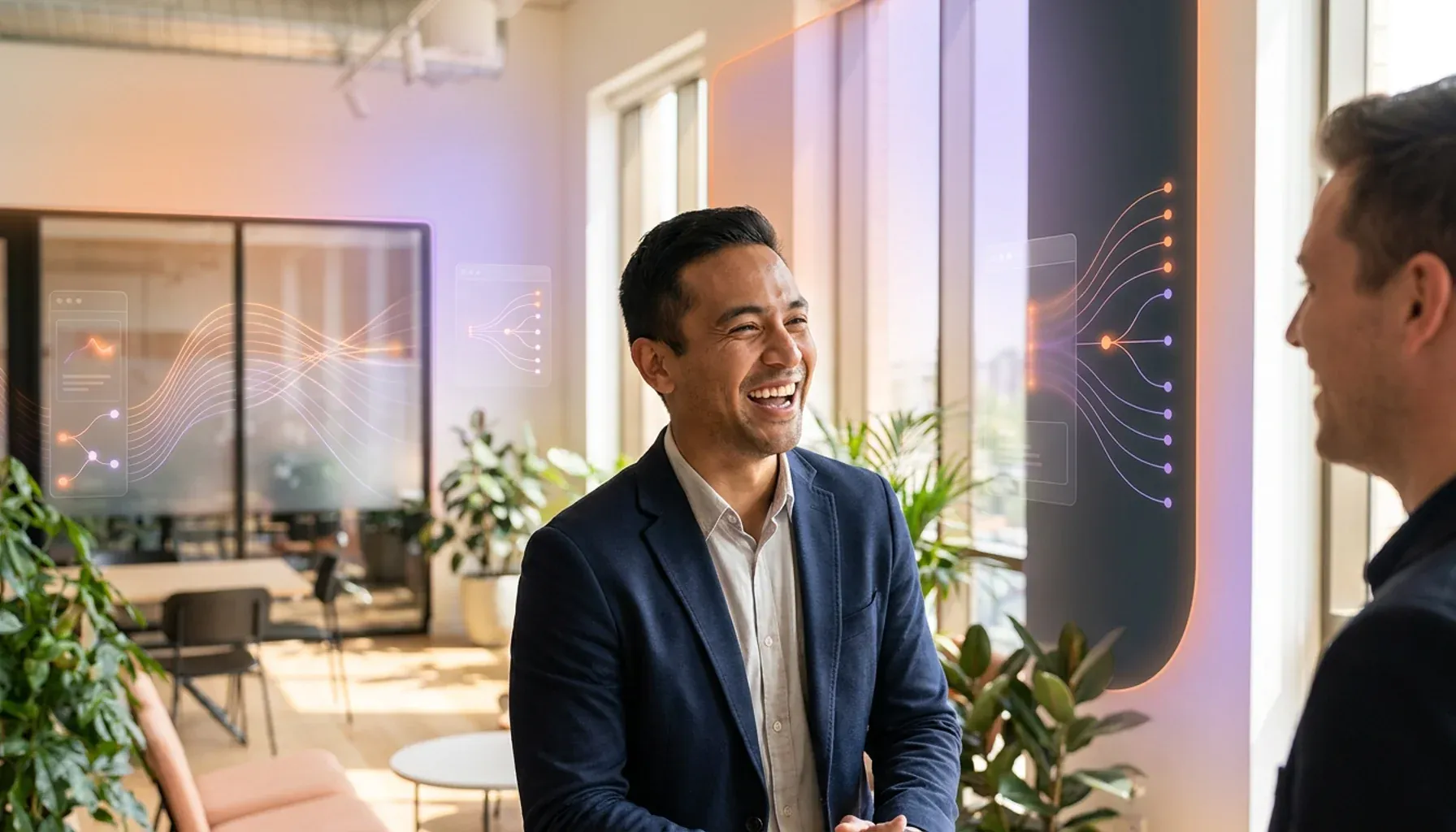 Smiling businessman talking to a colleague in an office with floating digital data graphics.