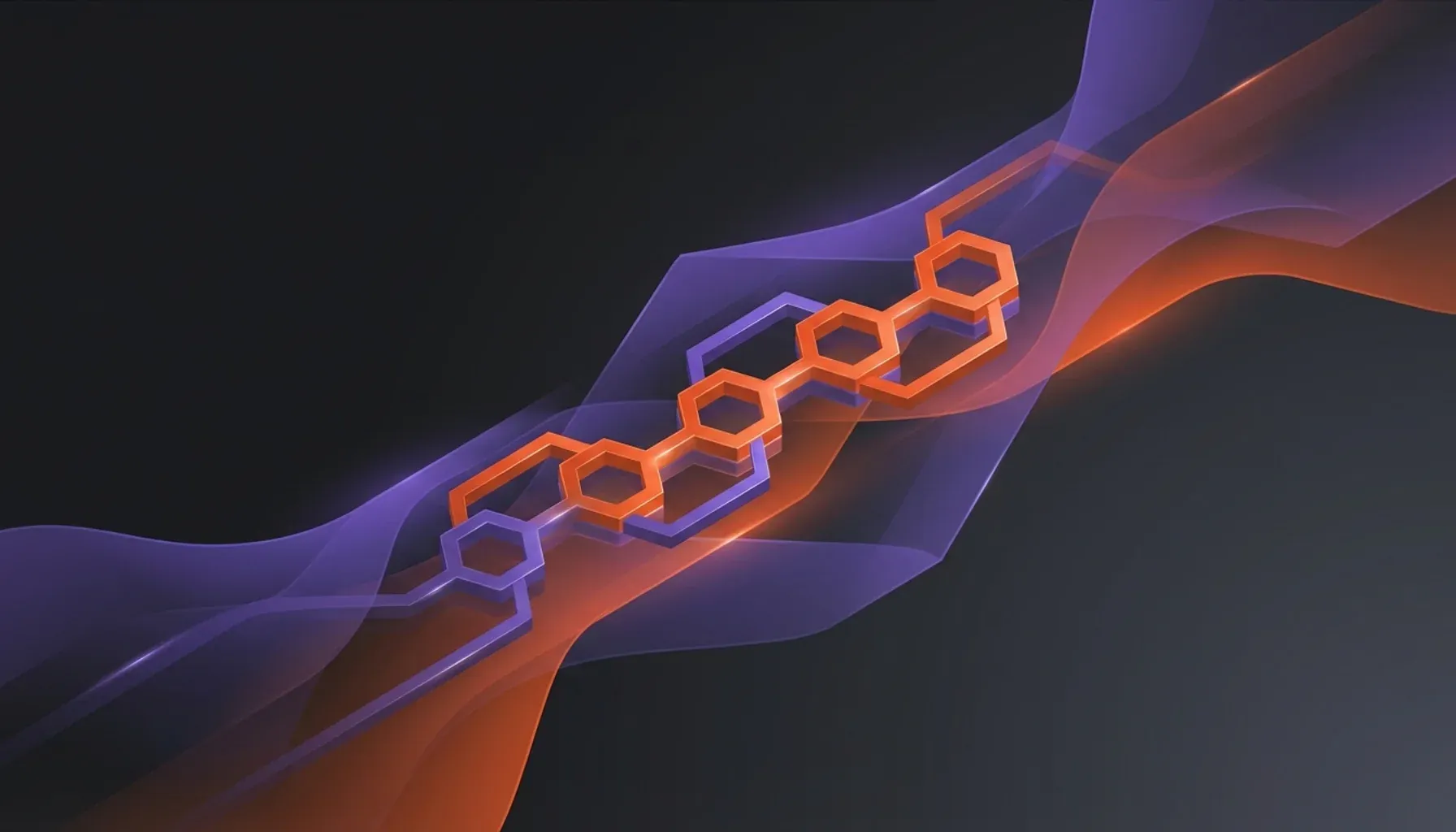 Interlocking 3D orange and purple hexagons over flowing translucent waves.