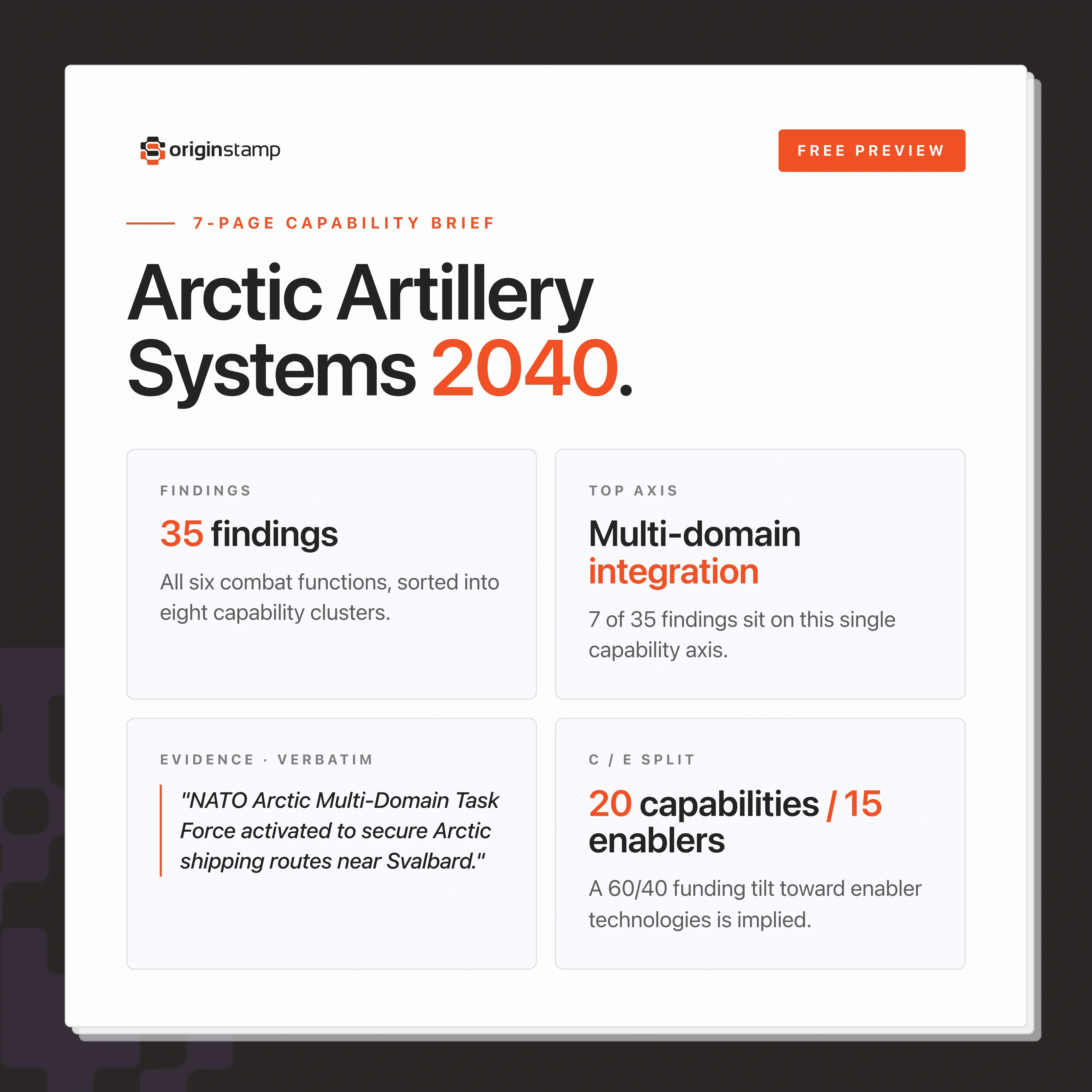 OriginStamp capability brief preview titled Arctic Artillery Systems 2040 with key findings.