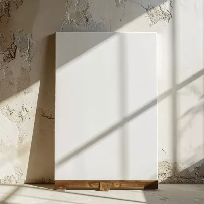 Leere weiße Leinwand steht in einem hellen Raum mit Wandstruktur.