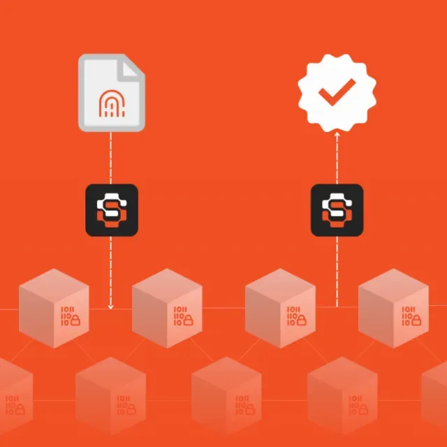 Diagram showing a blockchain fingerprint and verification process in orange design