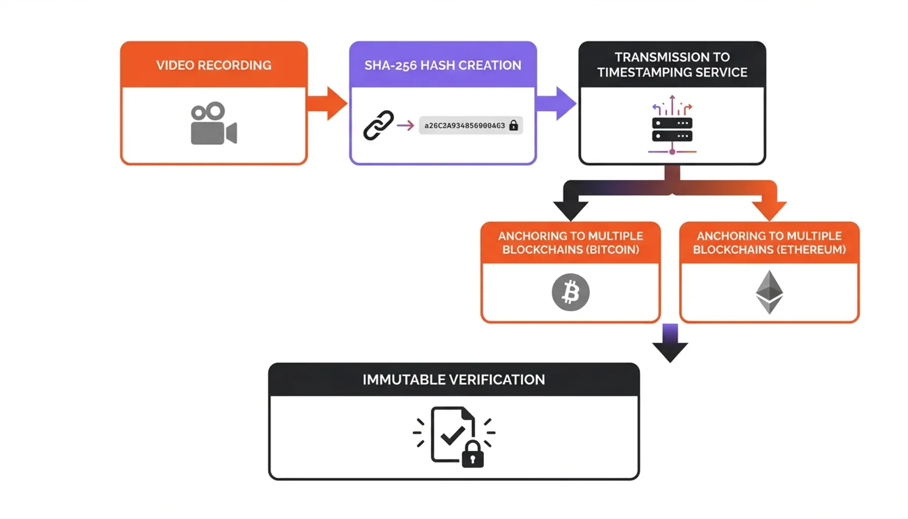 Infographic showing statistics on blockchain timestamping for video evidence authentication