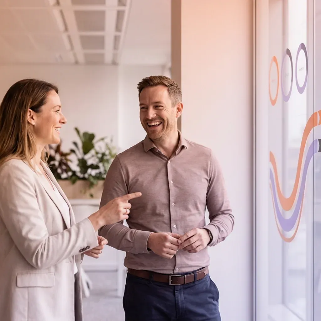 Two smiling professionals discussing colorful diagrams on a glass wall.