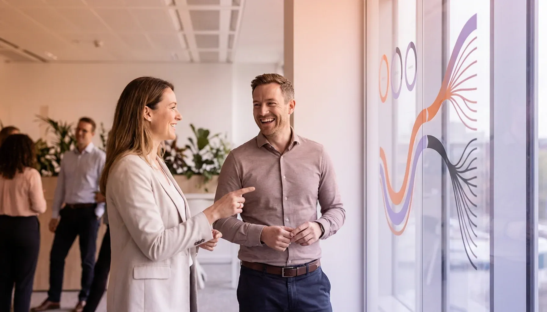 Two smiling professionals discussing colorful diagrams on a glass wall.