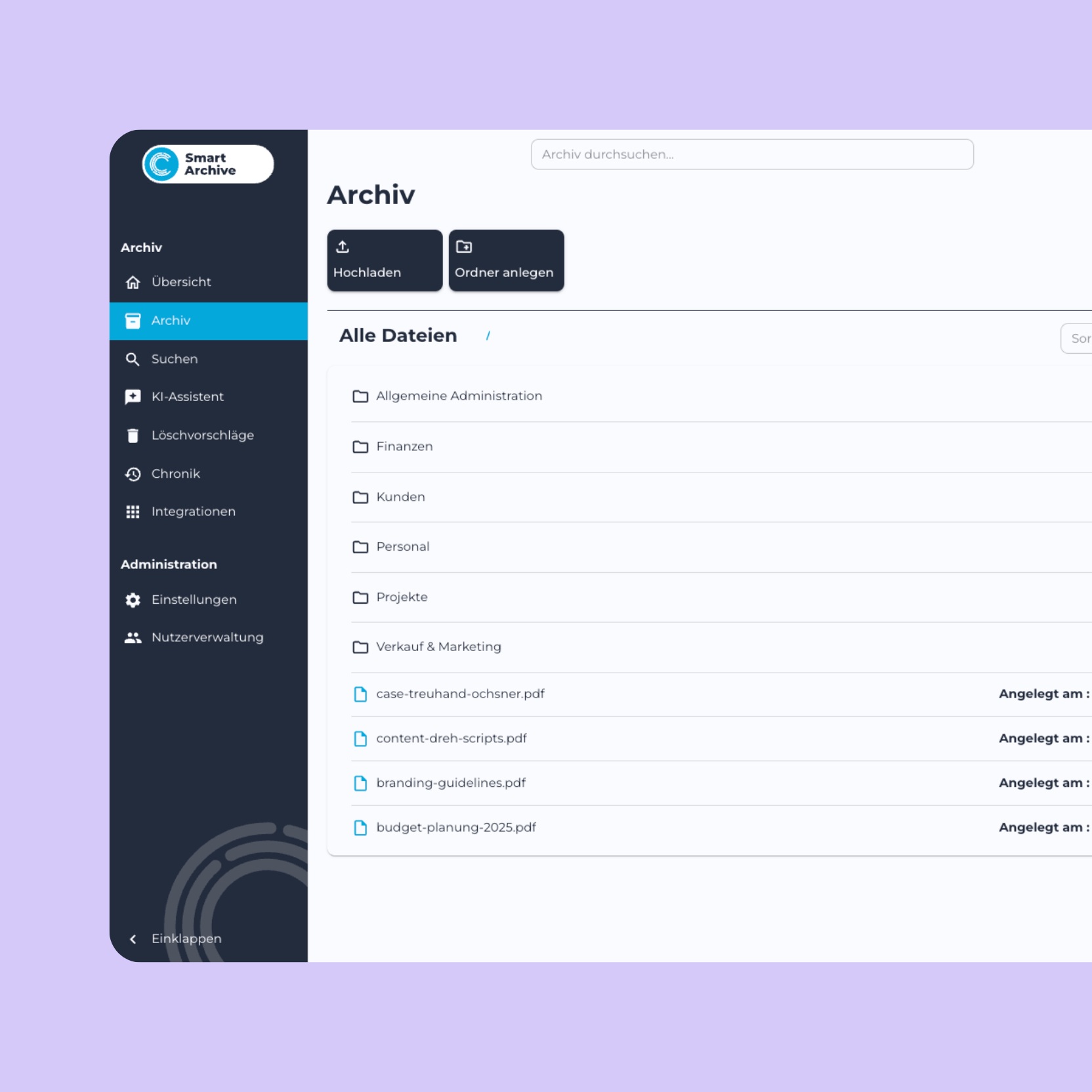 CENT Smart Archive interface: Overview of documents in the archive