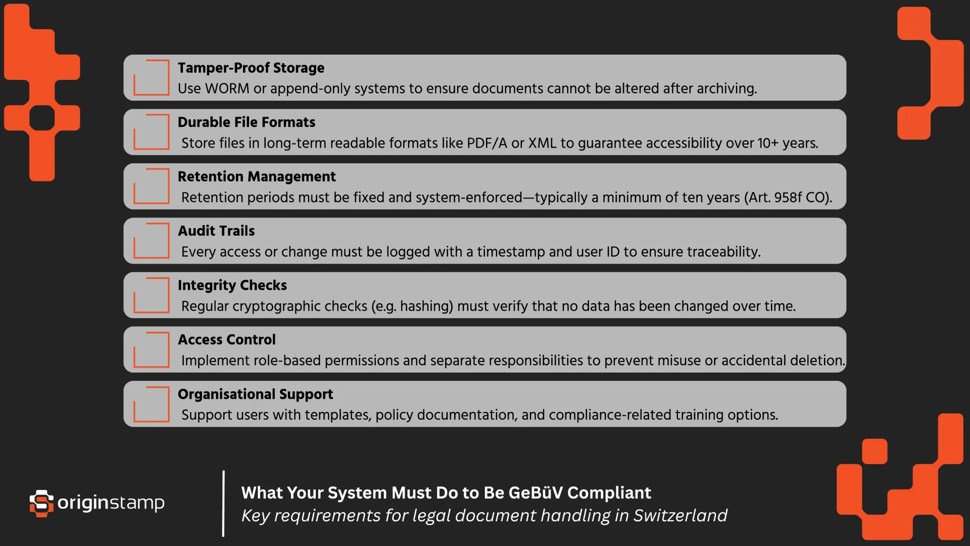 Checklist of elements a system needs to fulfil in order to be GeBüV compliant
