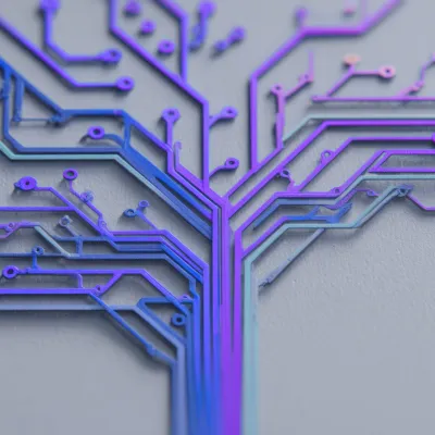 Close-up of purple-blue circuit board pathways forming a branching pattern