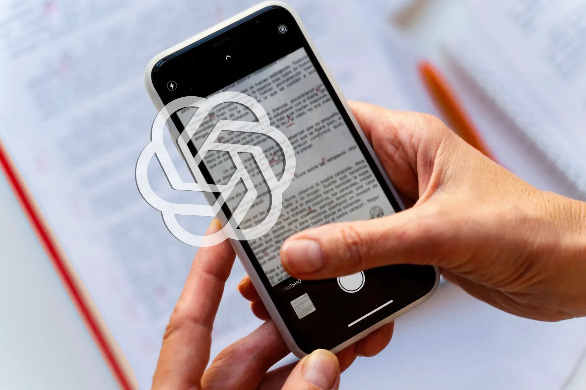 Hände scannen Text mit einer Smartphone-Kamera, mit einem überlagerten OpenAI-Logo.