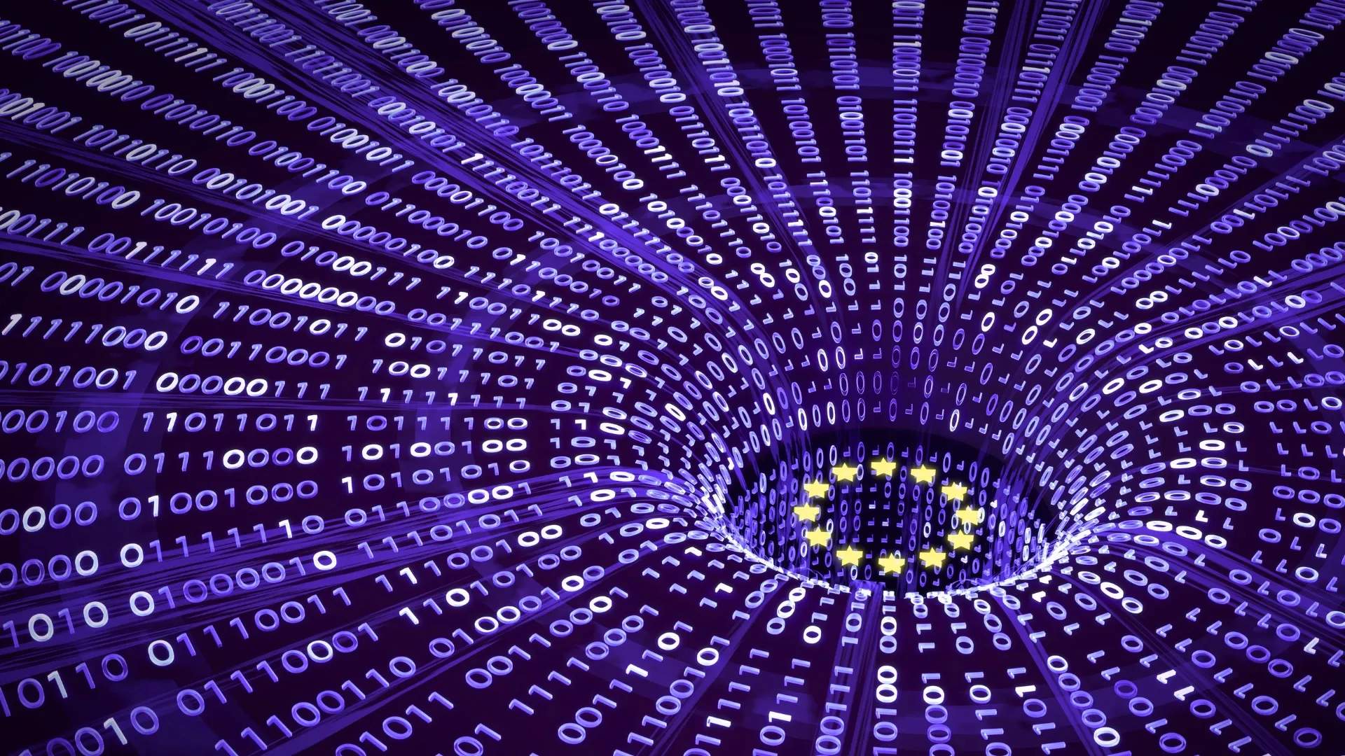 Ein lila Tunnel aus Binärcode führt zur EU-Flagge.