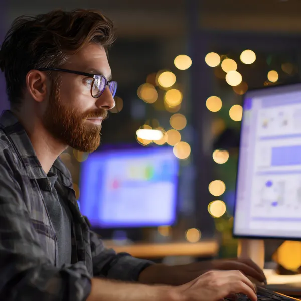 Developer working late at night focused on a computer