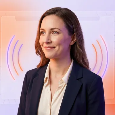 Professional woman smiling against an abstract background with glowing wave symbols.