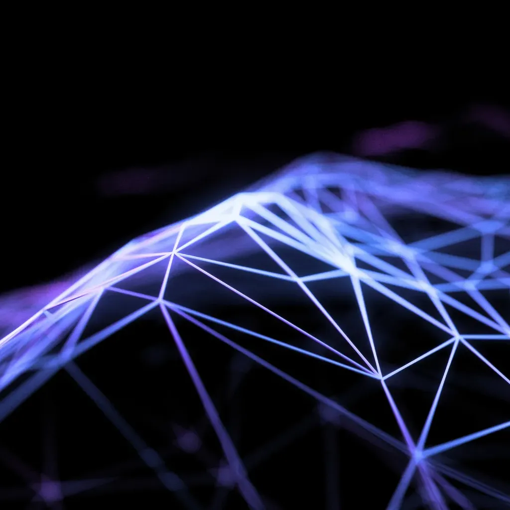 Abstract polygonal network structure in blue and purple symbolizing digital connectivity, data, and blockchain technology