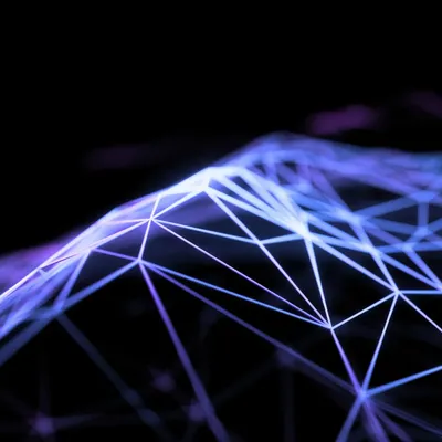 Abstract polygonal network structure in blue and purple symbolizing digital connectivity, data, and blockchain technology