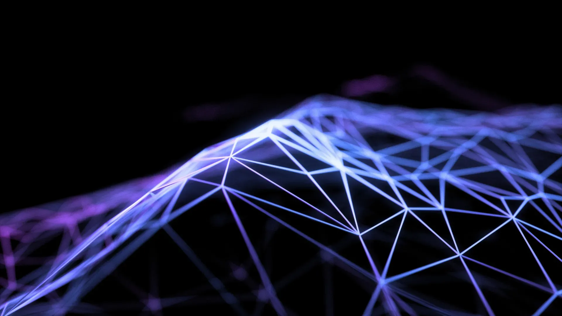 Abstract polygonal network structure in blue and purple symbolizing digital connectivity, data, and blockchain technology