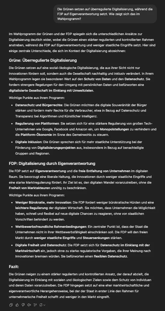 ChatGPT zeigt Unterschiede in der Digitalisierungsstrategie von Grünen und FDP zwischen staatlicher Kontrolle und marktwirtschaftlicher Freiheit.