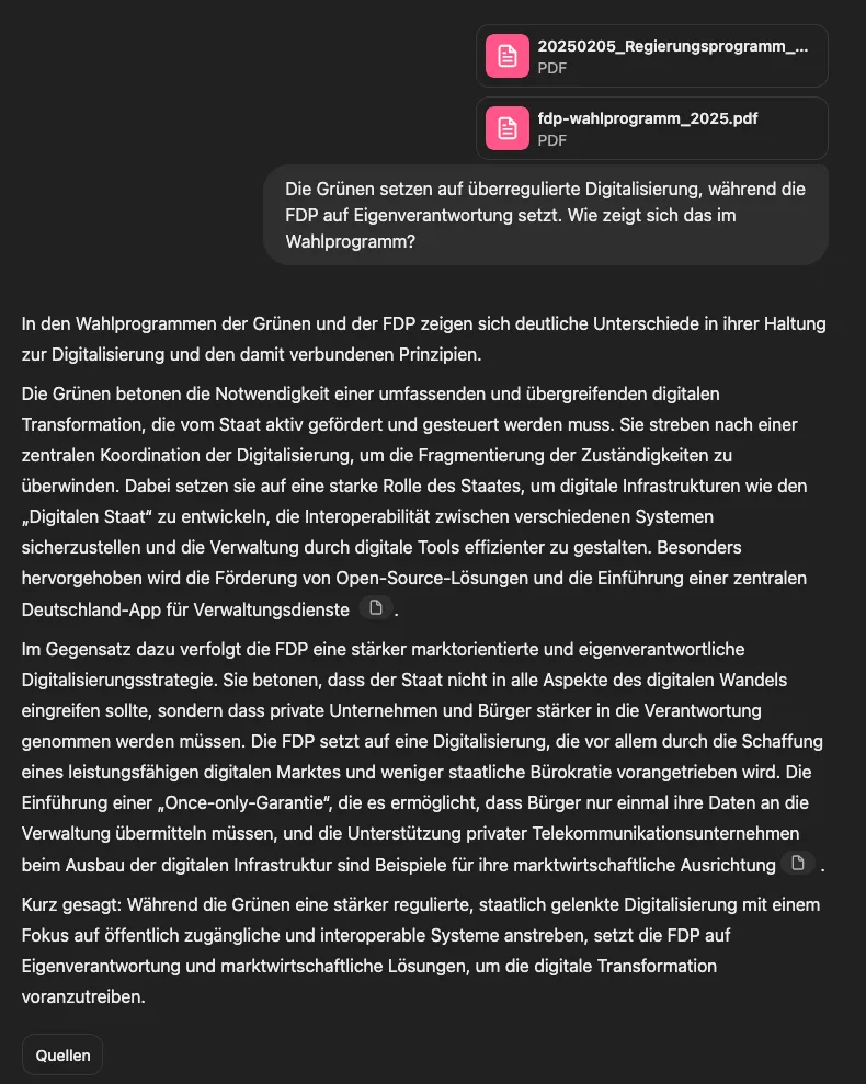 ChatGPT vergleicht staatlich regulierte Digitalstrategie der Grünen mit marktwirtschaftlichem Ansatz der FDP im Wahlprogramm 2025 zur Digitalisierung.