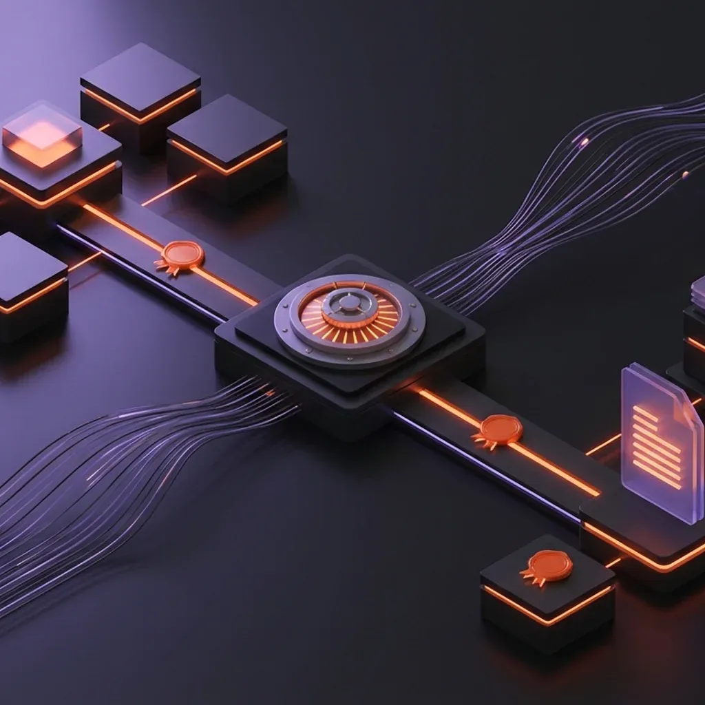 Abstraktes 3D-Netzwerk mit leuchtend orangen Leitungen, zentralem Prozessor, Dokumentensymbol und digitalen Siegeln.