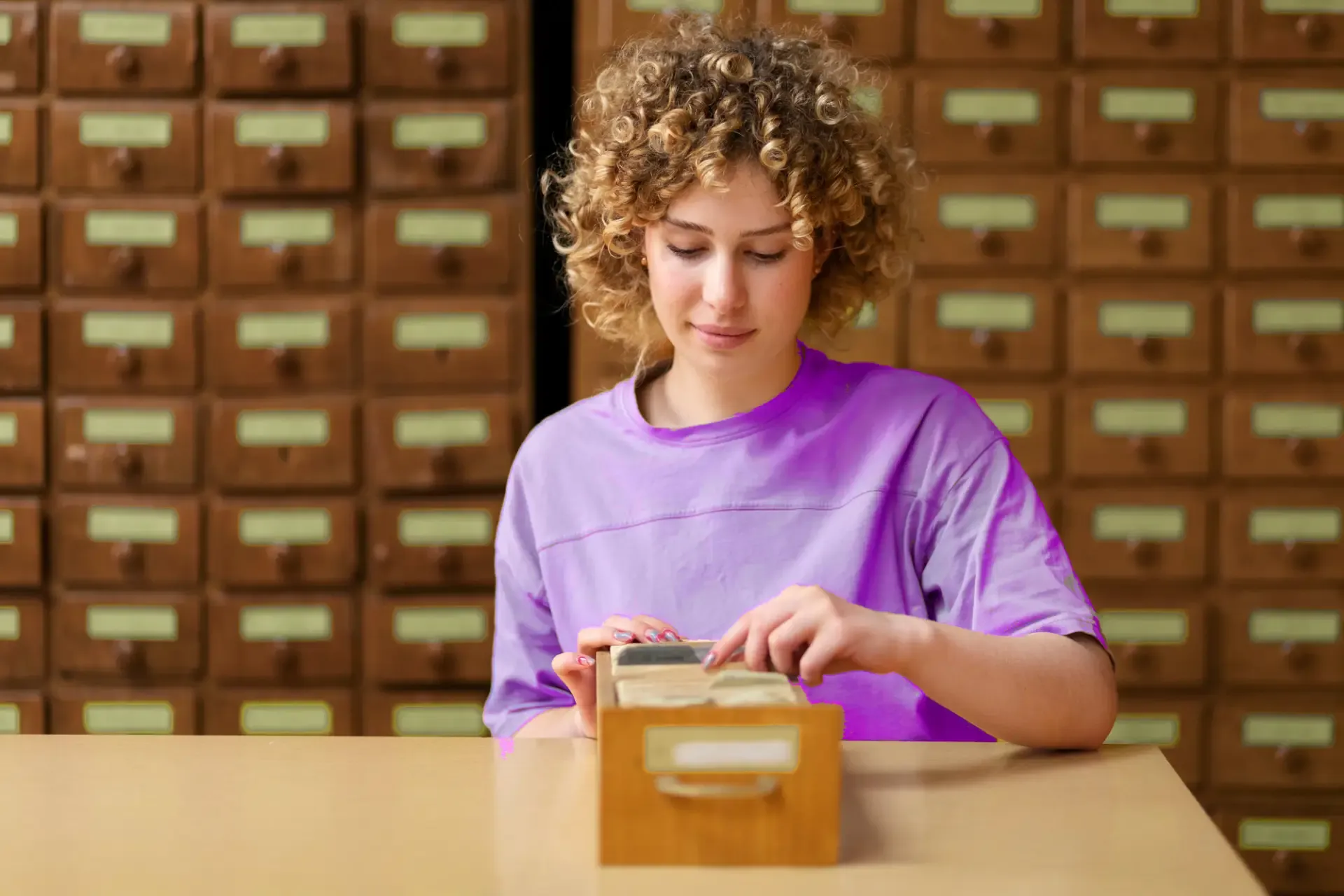 A woman with curly hair searches a library card catalog drawer.