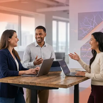 Three business professionals collaborating around a standing desk with laptops in a modern office.