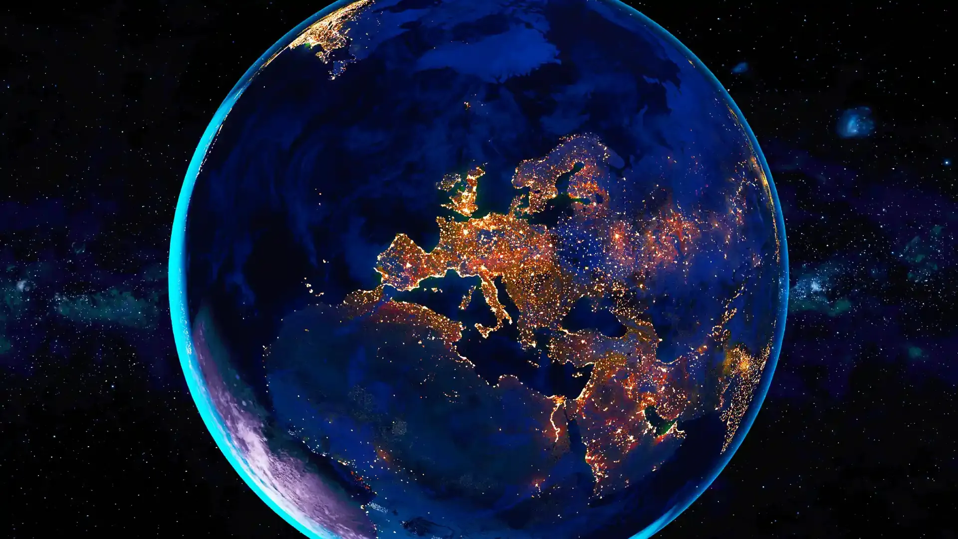 A rendering of the earth at nighttime with europe lit up by infrastructure.