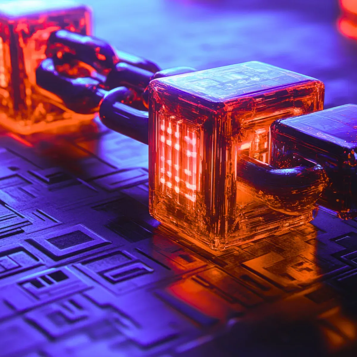 Leuchtende digitale Blockchain-Kette aus orange und violett