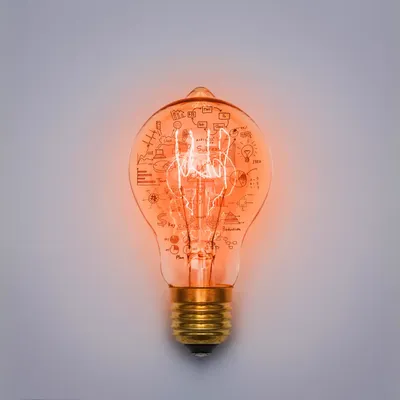 Eine leuchtende Glühbirne mit darauf gezeichneten Geschäftsstrategie-Diagrammen.