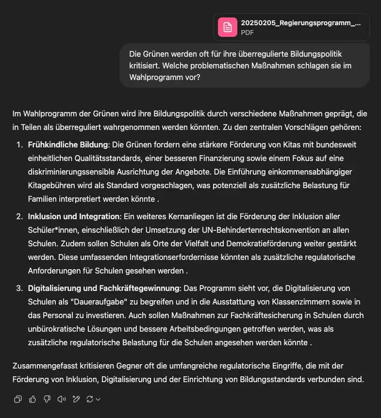 ChatGPT-Antwort auf kritische Frage zur Grünen-Bildungspolitik