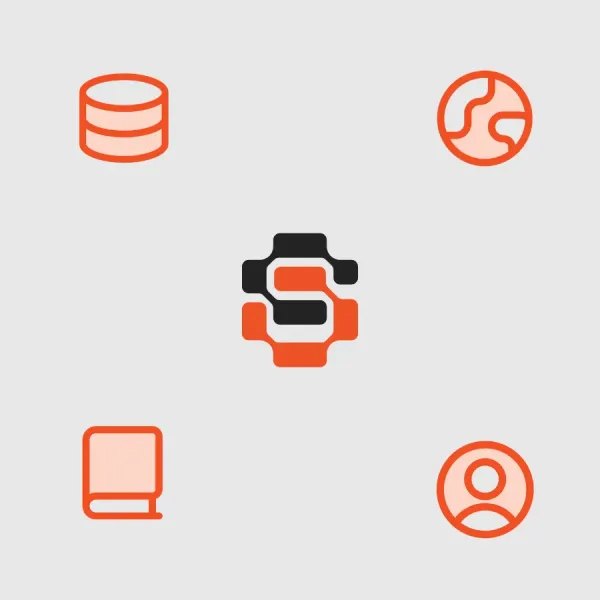 Central swiDoc logo surrounded by simple orange icons for data, globe, book, and user on a light background.
