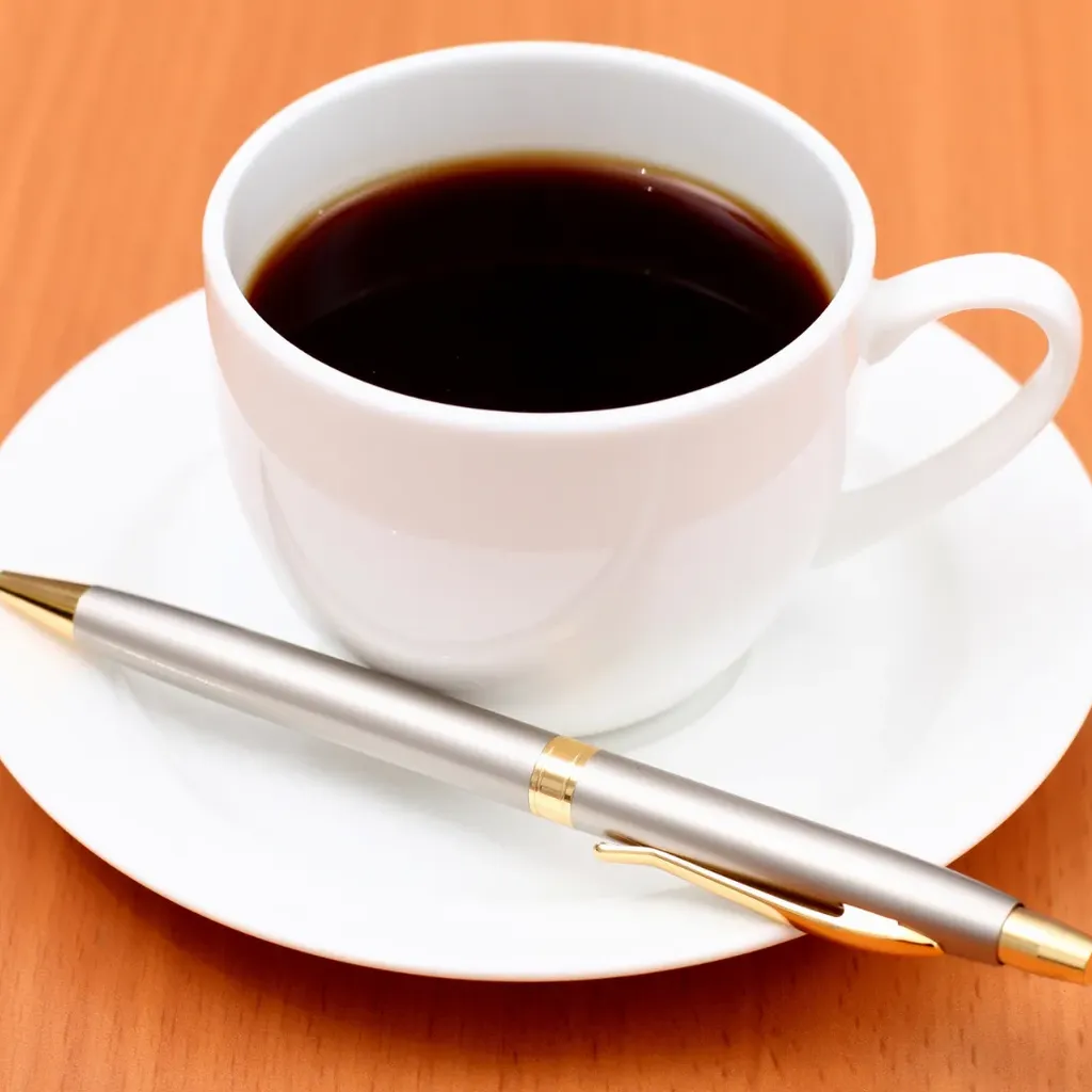 Eine weiße Tasse schwarzer Kaffee mit einem Stift auf der Untertasse.