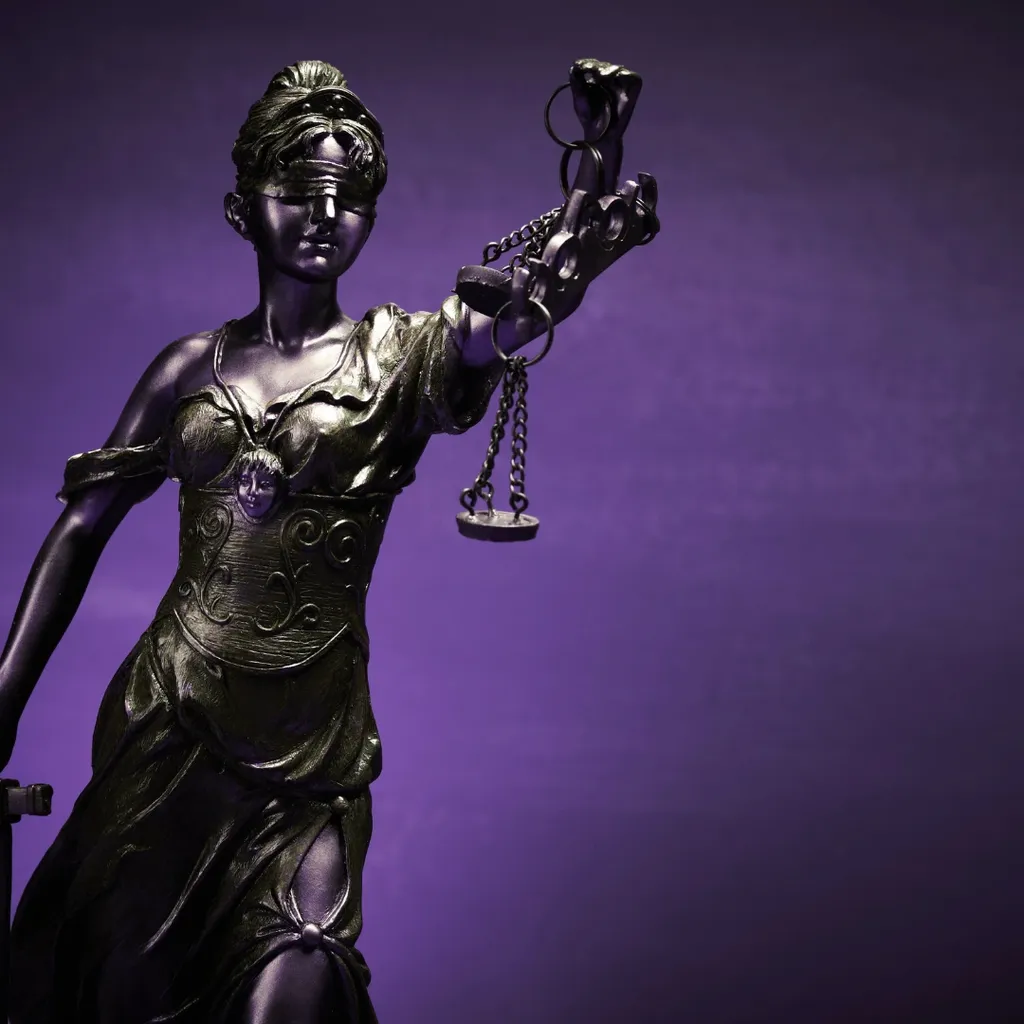 Eine dunkle Statue der Justitia, die Waage und Schwert hält.