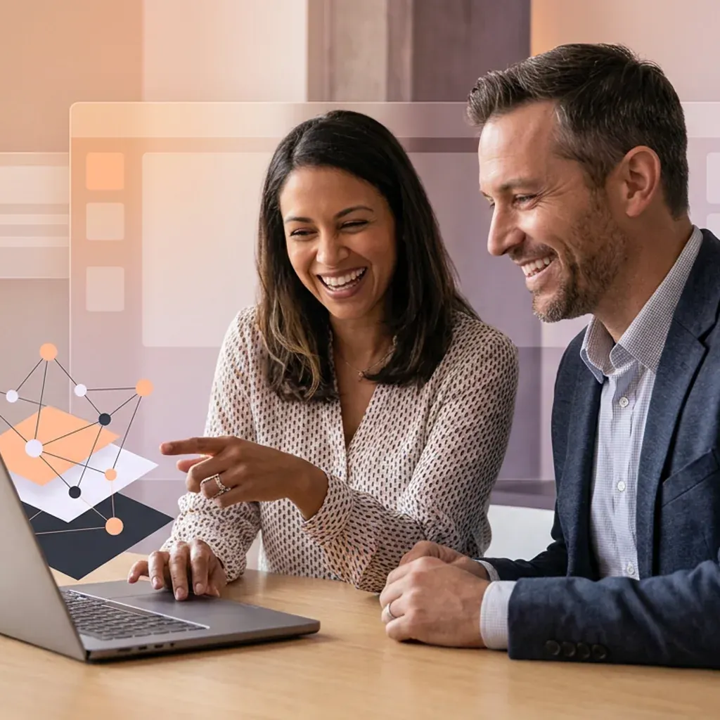 Two smiling professionals collaborating on a laptop with overlaid digital network and UI graphics.